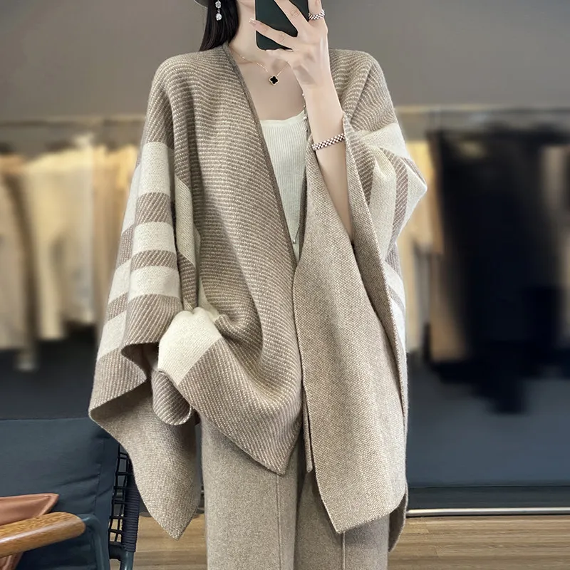 Luxury Wool Knitted Poncho Cape Women Autumn Winter Soft Cashmere Open Front Oversized Shawl Wrap Thick Warm Scarf Outer Stole
