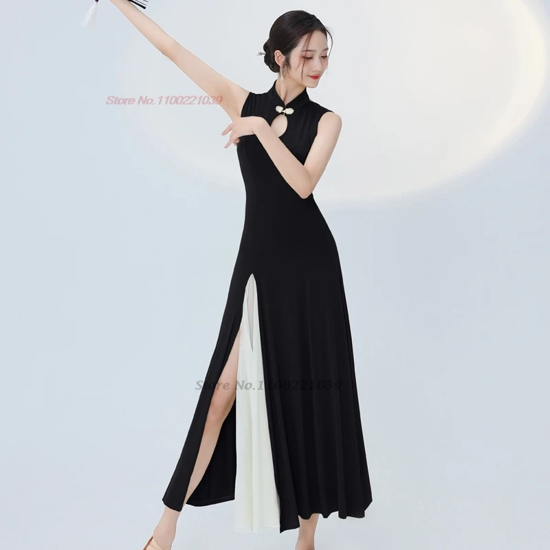 2025 중국 빈티지 댄스 치파오 전통 무대 댄스 치파오 민소매 치파오 댄서 훈련 연습복