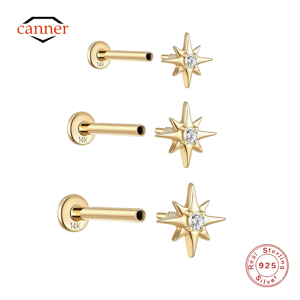

CANNER 1PC 5/6.5/8mm 14K Solid Gold Eight Pointed CZ Threaded Flat Back Piercing Ear Bone Studs For Women Exquisite Earring