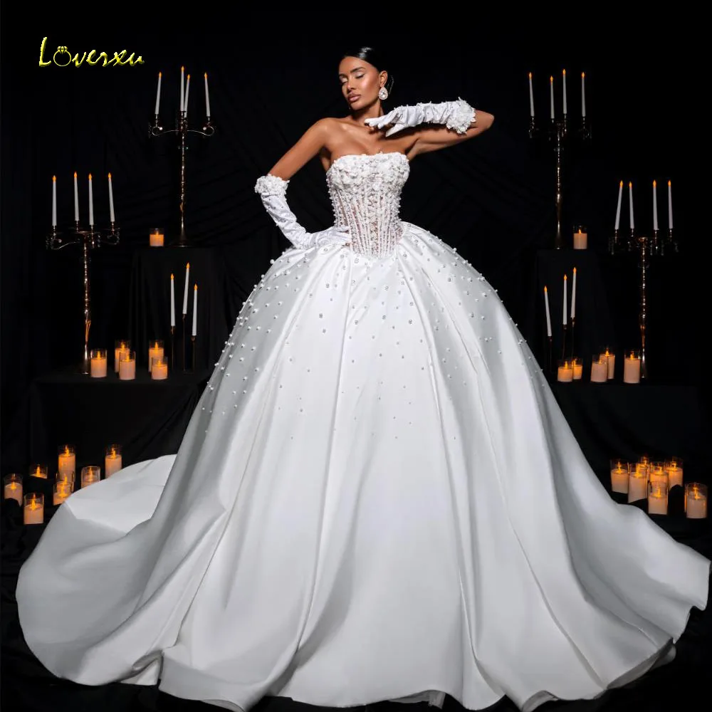 

Loverxu Ball Gown Vintage Wedding Dresses Strapless Vestido De Novia Lace Beaded Sequined Matte Satin Custom Made Bridal Gowns