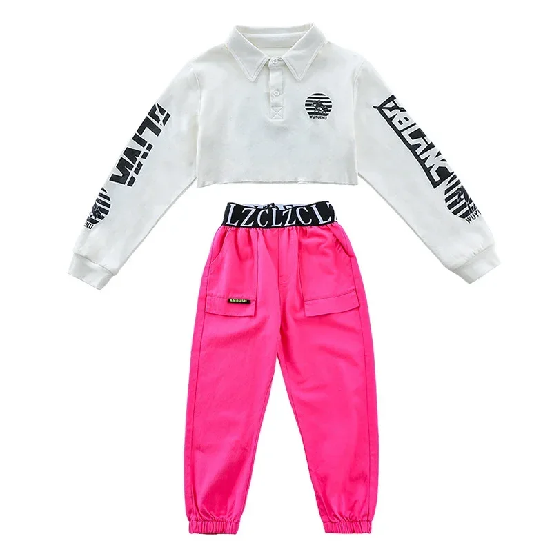 Tactische Cargobroek Voor Meisjes Dans Kostuum Kleding Kid Cool Hiphop Kleding Witte Crop Top Lange Mouw Poloshirt Streetwear