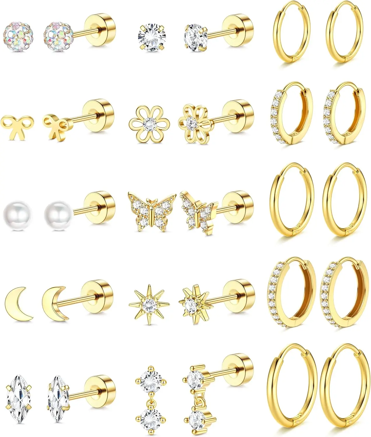 Pendientes Hipoalergénicos Chapados en Oro con Parte Trasera Plana para Mujeres y Niñas - Lindo Set de Aros Pequeños y Pendientes Huggie para Cartílago