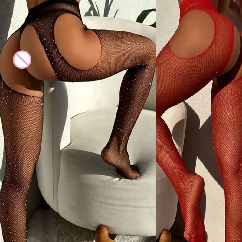 New Sexy Shiny Rhinestones Stockings Women Sexy Lingerie Fishnet Garters Stockings Erotic Tights High Socks Pantyhose With Belt