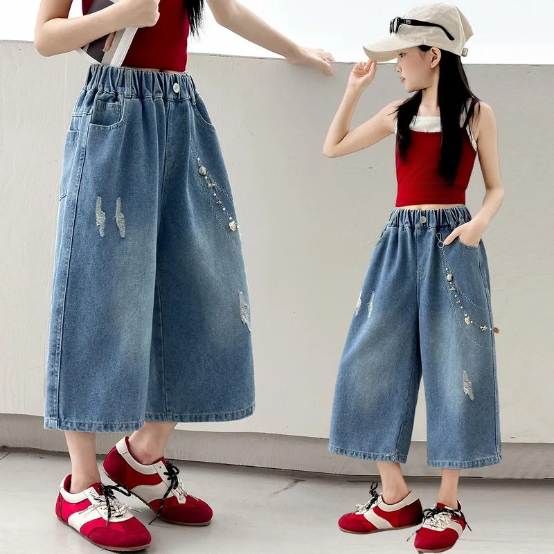 Girls Fashion Ripped Denim Capri Pants Summer Straight Leg Shorts Versatile Children's Clothing Casual Cotton Kids Short Jeans