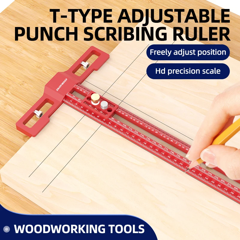 ENJOYWOOD TS-24 Scribing Ruler Multi-function 400mm/600mm Snap-In Slider 360° Marking Adjustable Length Woodworking Ruler