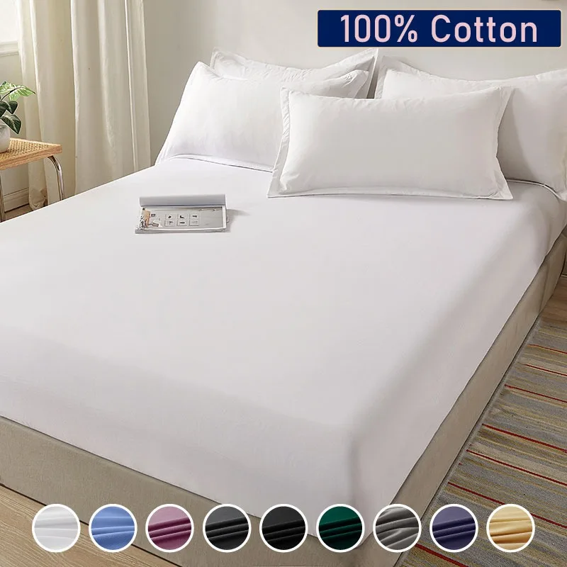 Sábana bajera 100% de algodón con banda elástica, Funda de colchón de Color sólido para cama individual doble King Queen 140/150/160/180x200
