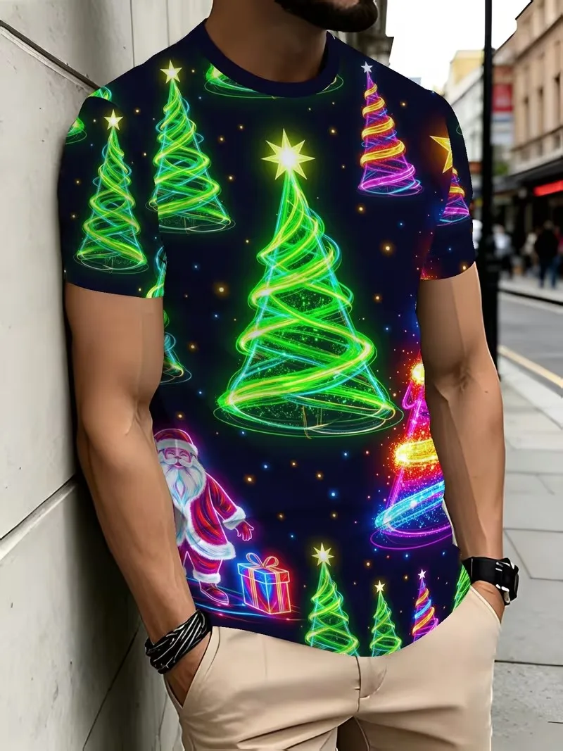 New Christmas cartoon Santa Claus T-shirt, 3D men's printed fashionable short sleeved casual round neck party activity top
