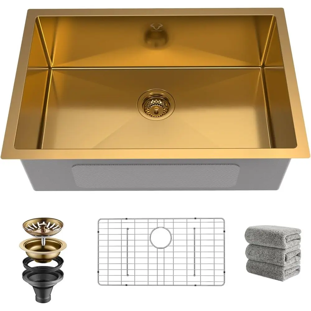

Gold Kitchen Sink 27x18 Inch Undermount Kitchen Sink 16 Gauge StainlSteel Single Bowl with Accories Round s Handmade