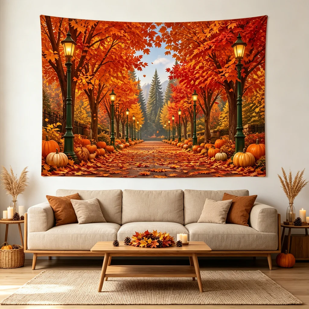 1PC Fall Leaves Path Wooden Wall Ivy Print Backdrop Banner, Bedroom Photo Background, Polyester, Party Decoration, Home Decor