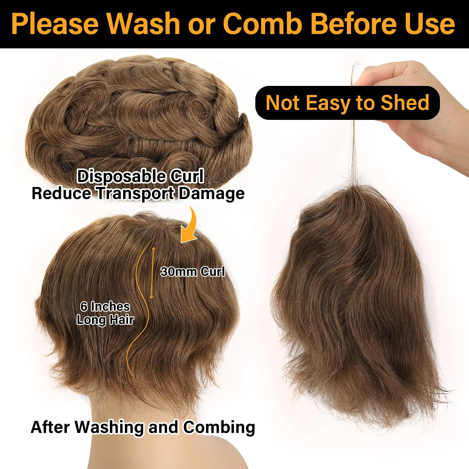 OCK Men's Ultra Thin Skin Toupee - Knotless Hand-Tied, 100% Human Hair Piece, 8"x10" Transparent PU Base