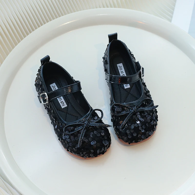 Sequin Bow Non-slip Black/silver Round Toe Shoes for Girls, Spring and Autumn PU Outdoor Shoes for Girls, Size 24-35