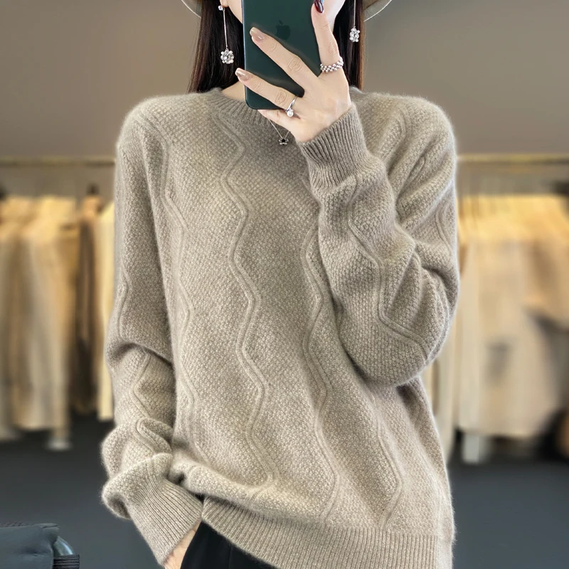 

New autumn and winter 100% merino wool sweater O-neck long sleeve padded leisure pullover cashmere sweater top