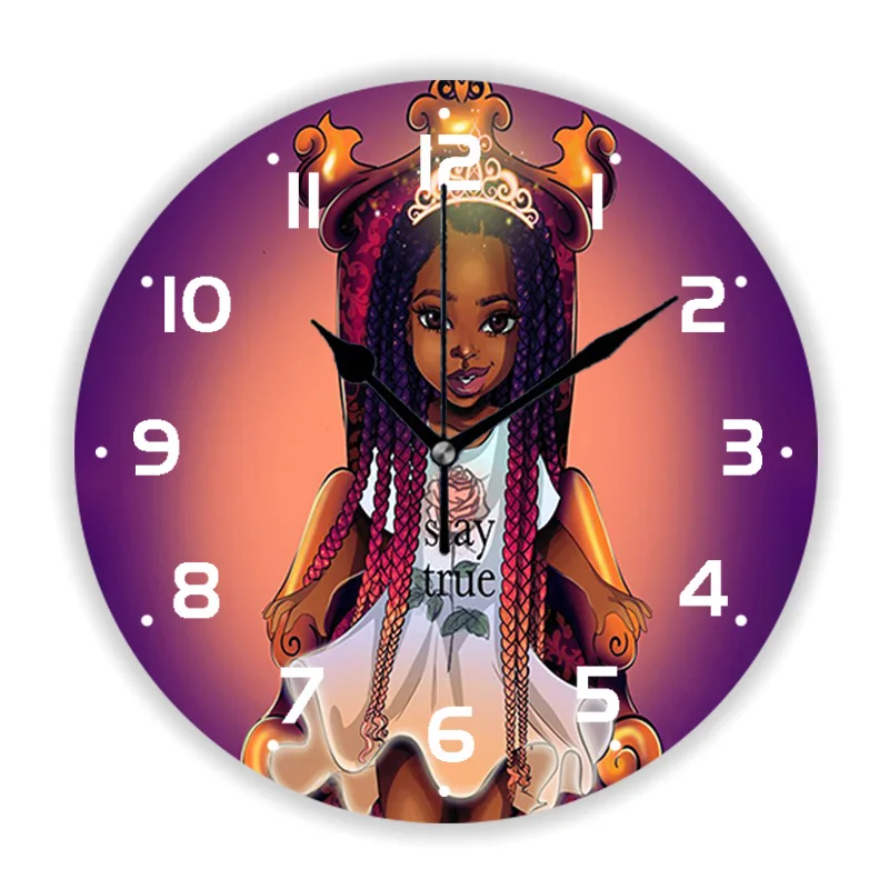 Cute Braided Black Girl Wall Clock for Kid Bedroom Nursery Afro Art African American Princess Large Wall Watch Home Decor Gift