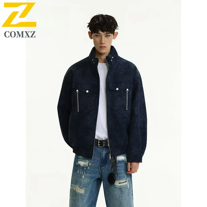COMXZ  Male PU Leather Coat Minimalist Turndown Collar Adventure Windproof Leather Coat Loose Durable Fashion Autumn Outerwear​