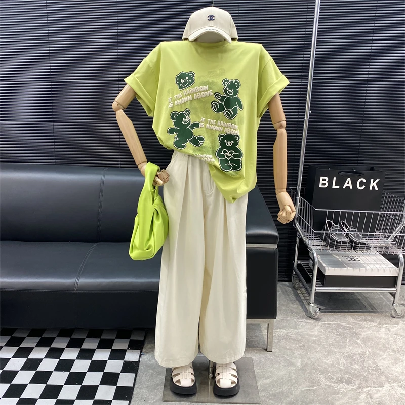 New 2022 fashion Designer new style Famous brand Green bear Graffiti T-shirt Round neck Casual Versatile Top