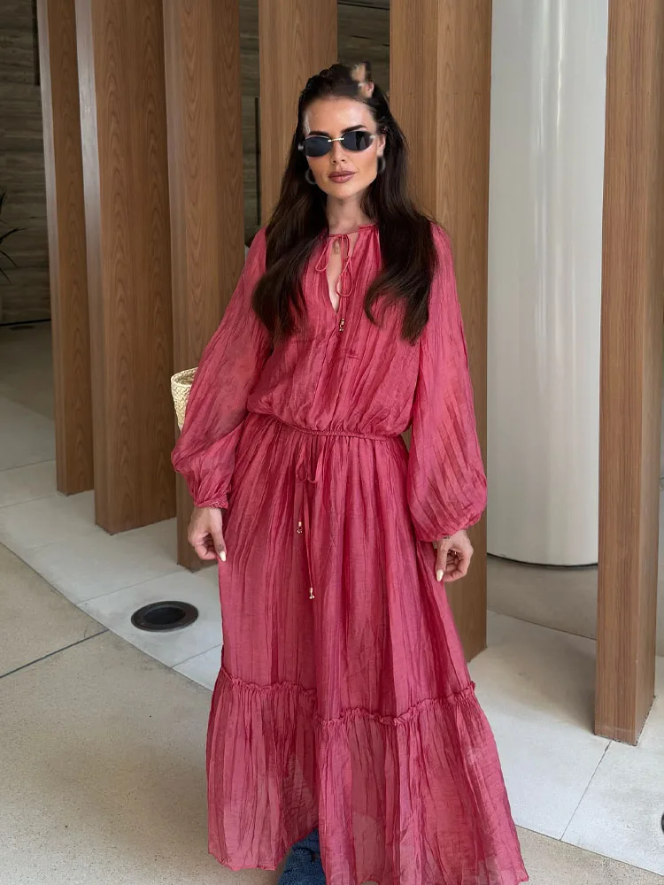 

HH Women's Summer Skirt 2-Piece Set Fashion V-neck Wrinkle Effect Short Long Sleeve Top+High Waist Lace-up Loose Long Skirt