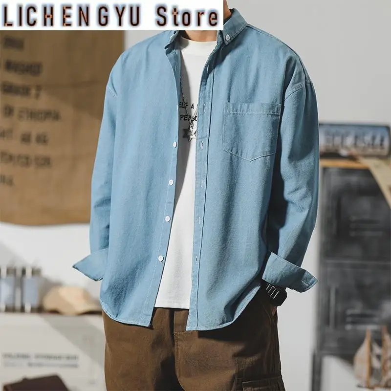 Men's Casual Long Sleeve Button Up Cowboy Weatern Distressed Denim Work Shirt with Chest Pocket