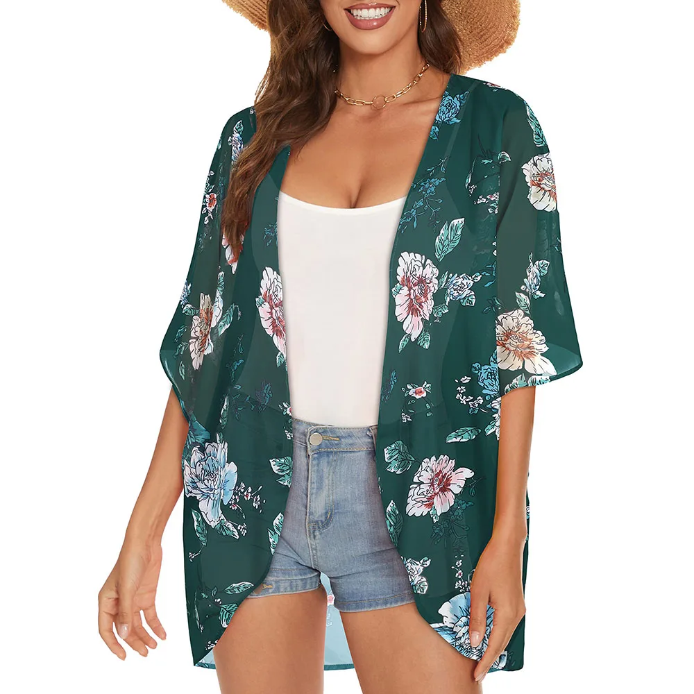 Kimono de playa para mujer, cárdigan de gasa, Tops florales, capas sueltas, manga corta, ropa de baño, novedad