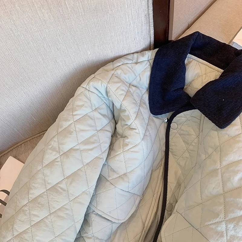 سترة قطنية ذات طية صدر السترة متباينة كلاسيكية للنساء للخريف والشتاء بسحاب ملابس مبطنة غير رسمية معاطف مخملية دافئة وخفيفة الوزن أنيقة #4