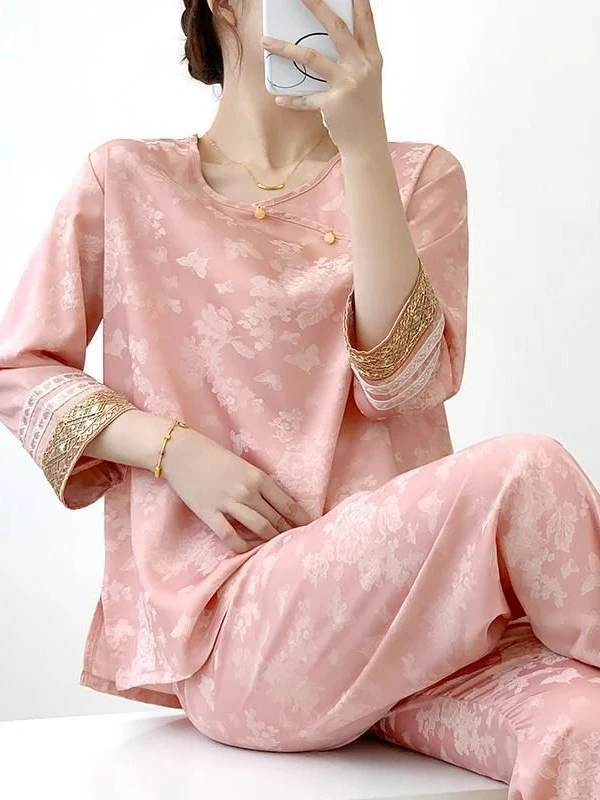

Korean Style Ice Silk Embroidered Thin Home Clothes Women's Spring Summer Sleepwear Woven Ethnic Chinese Style Set