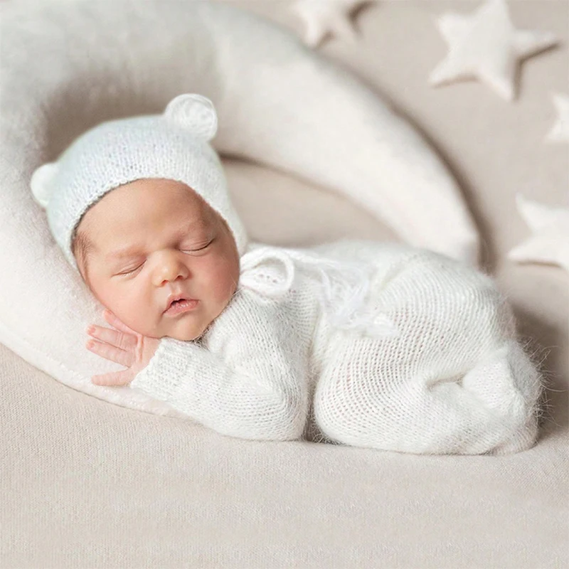 Ylsteed Newborn Boy Photoshoot Outfits Knitting Cute Bear Ears Jumpsuit with Hat Baby Animal Pattern Clothes