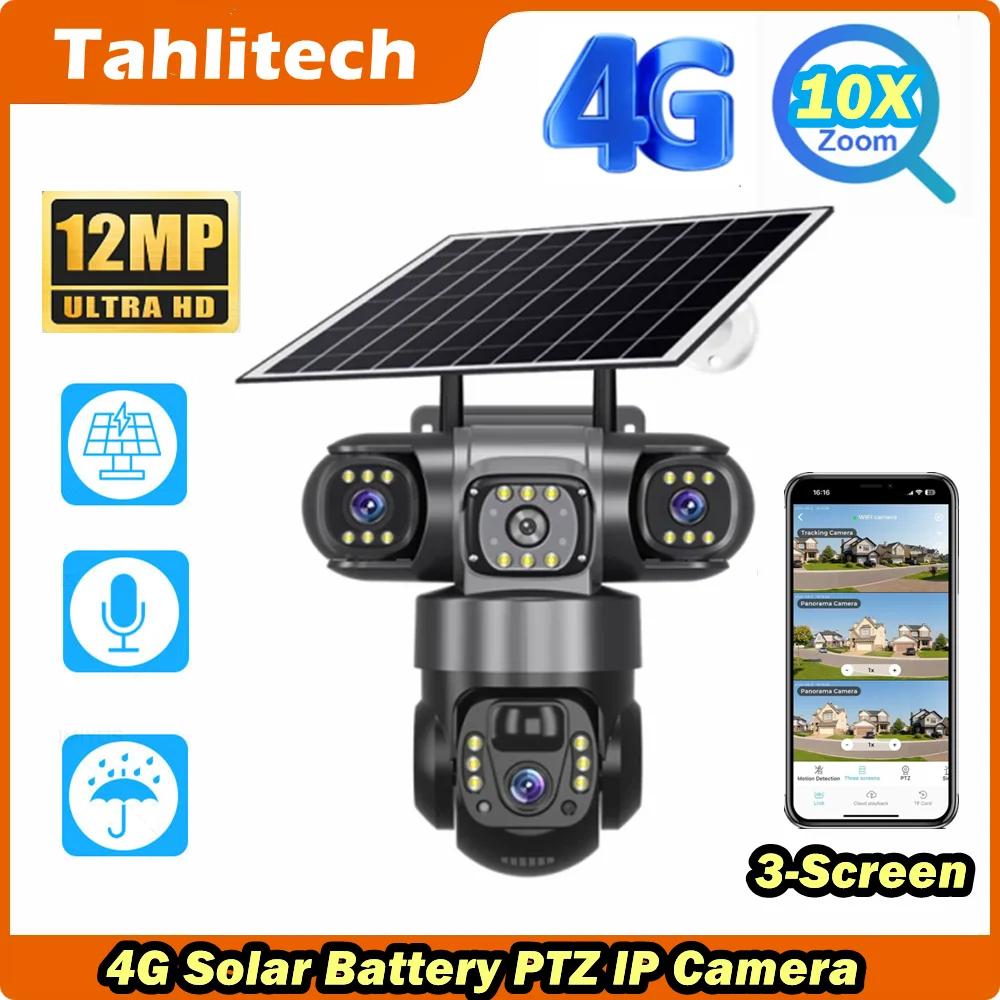 

15MP Solar Camera 4G Outdoor Camera 3 Lens 3 Screen 10X Zoom PIR Body Detection Waterproof Night Vision CCTV Security Protection