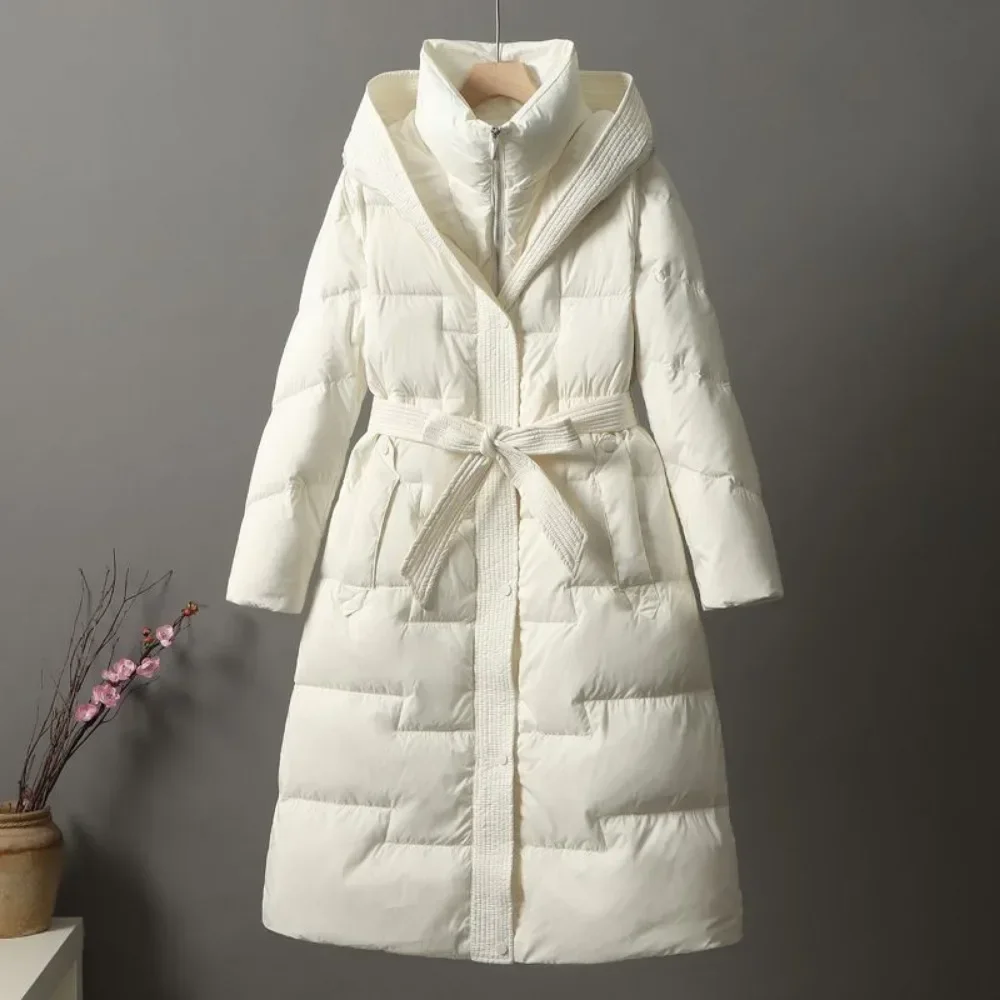 2024 New Winter Women White Duck Down Long Jacket With Belt Female Thick Warm Coat Luxury Slim Parka Hooded Outerwear