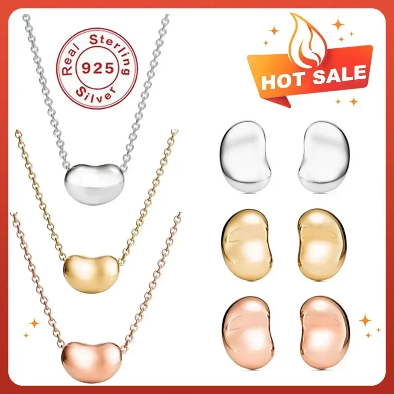 

2025 New 925 Silver mini Bean stud earrings Women's simple and fashionable bean bead Necklace Women's Party Treasure Set Gift