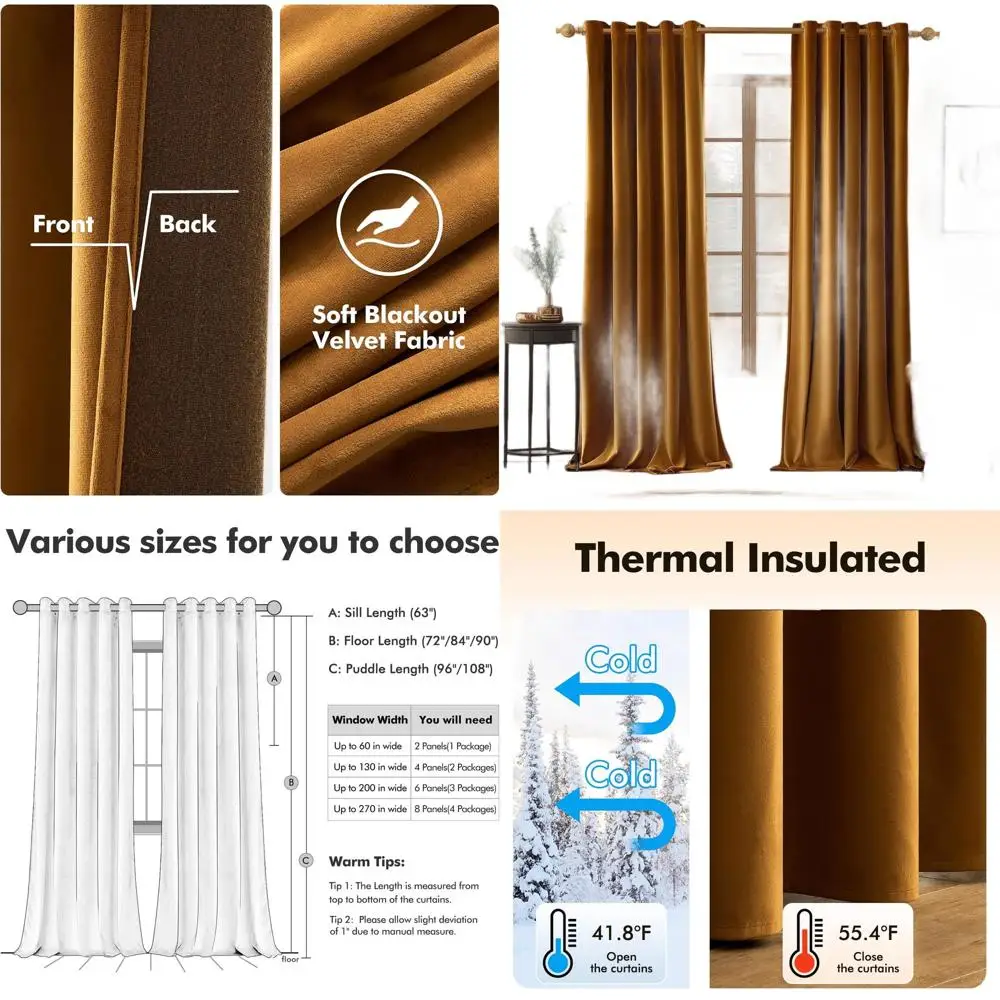 

Элегантные золотисто-коричневые бархатные шторы с люверсами, термоизоляцией, звукоизоляцией и затемнением в помещении, 72x84 дюймов, набор из 2 шт.