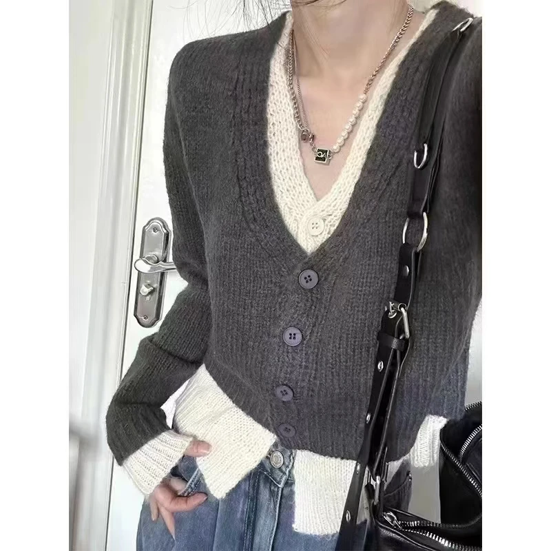 

MiiiiX Casual Fake Two Pieces Patchwork Knitted Cardigan Jacket Slim Contrast Sweater Outerwear 2024 Autumn New Women's Clothes
