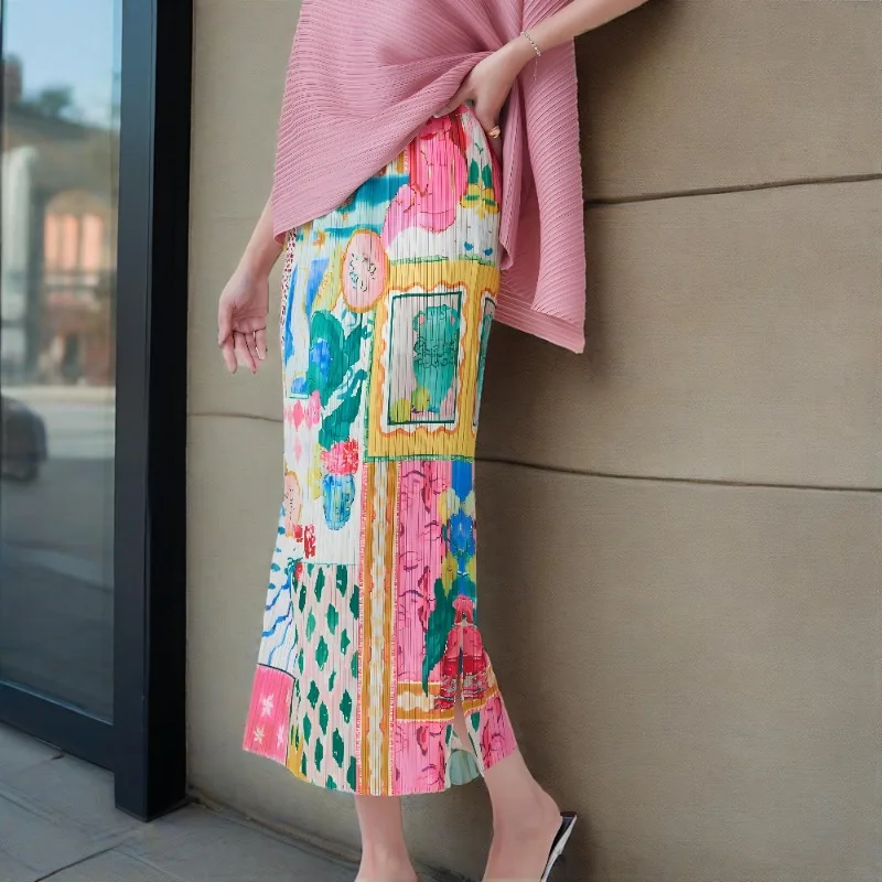 Miyake Pleated Printed Half Skirt 2025 Summer Slim Dopamine Floral Clash Color Straight Half Skirt Vacation Women Clothing