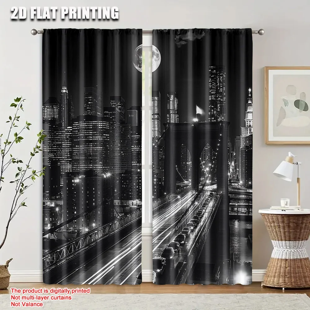 2pcs 2D flat printing Curtain Brooklyn Bridge Night Skyline Machine Washable Fabric Without Electricity Family Party Perfect