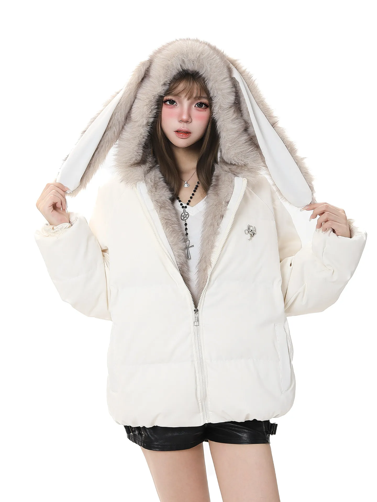 

Ele Rabbit Ear Hooded down Jaet Women's Winter Thiened Warm Super Beautiful Outerwear Trendy White Du down Coat