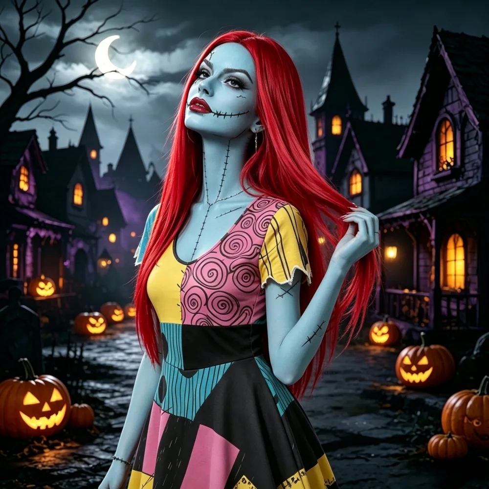 Red parted long straight hair synthetic wig for Halloween cosplay wig for role-playing casual party hair set