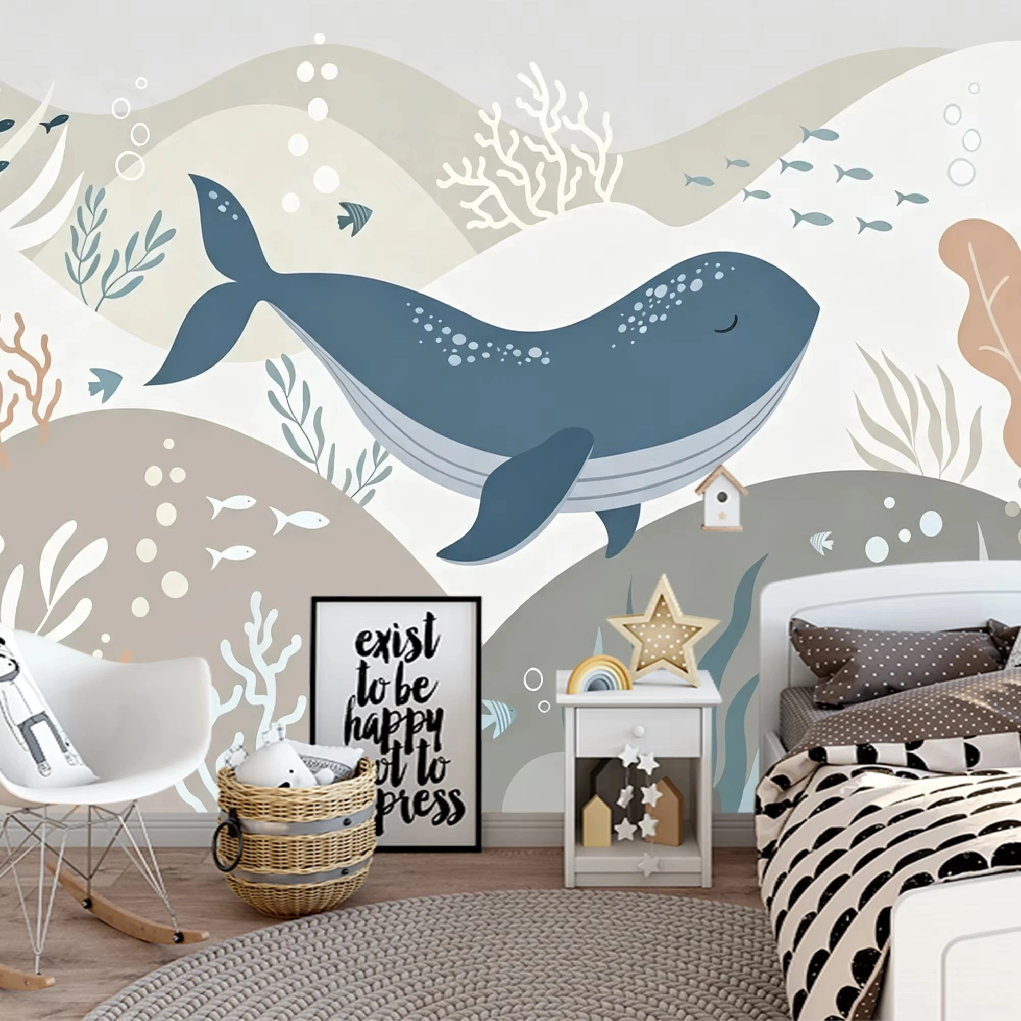 Customize any size Wallpaper Cartoon Underwater Whale Mountains Wall Mural Blue animal Kids Nursery Bedroom Decor