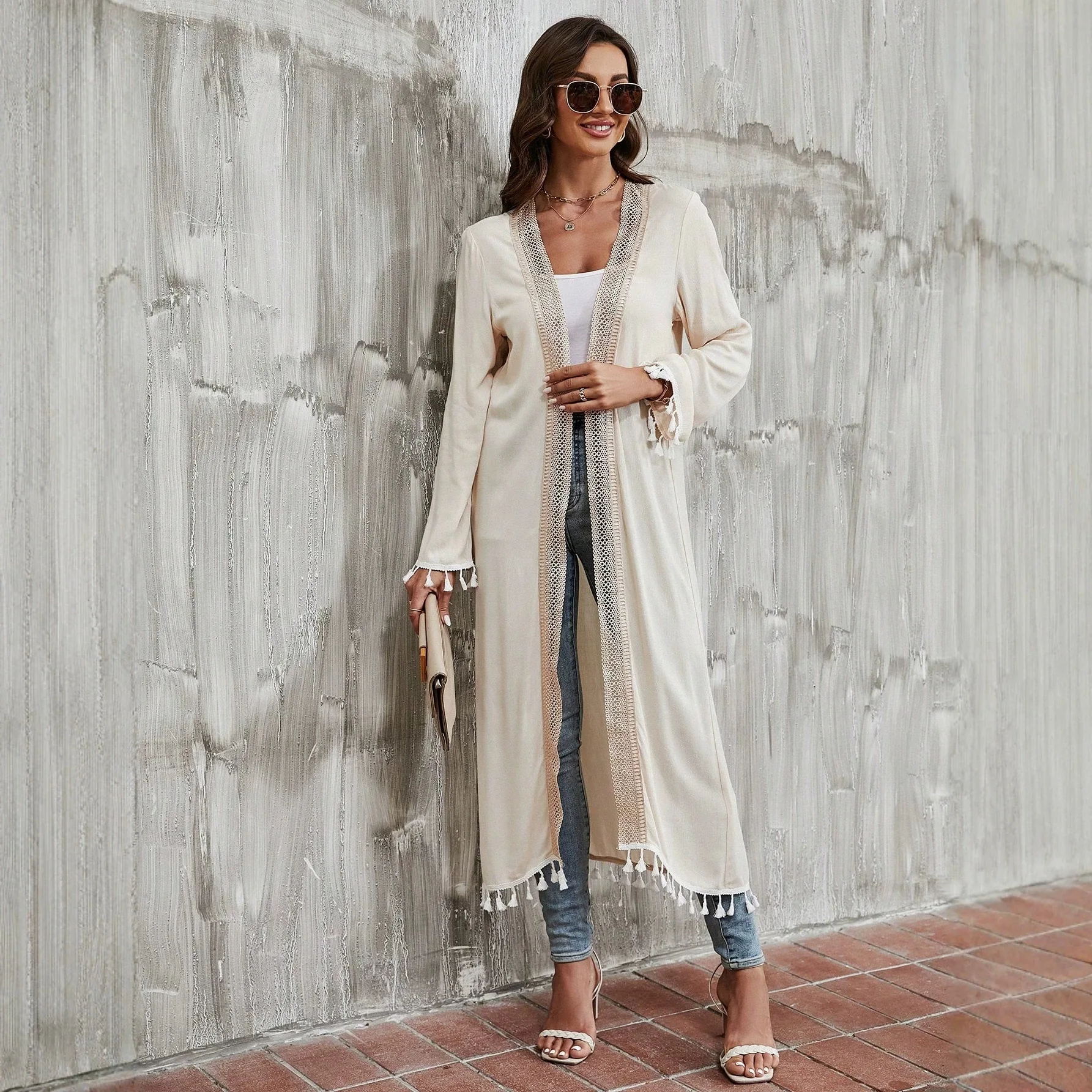 Women's Solid Color Long Sleeve Loose Cardiganwith Tassel Trim, Grandchildren Protection Cover-up Beach Cover-up Robe