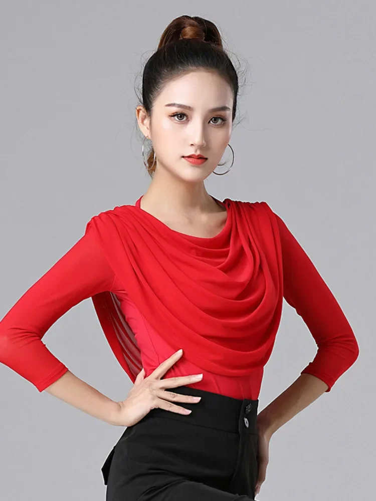 Elegant Slim Fit Ruffle Tassels Tops Dance Sports Costume Women Latin Top Waltz Adult Modern Wear Solid Color Samba Clothing