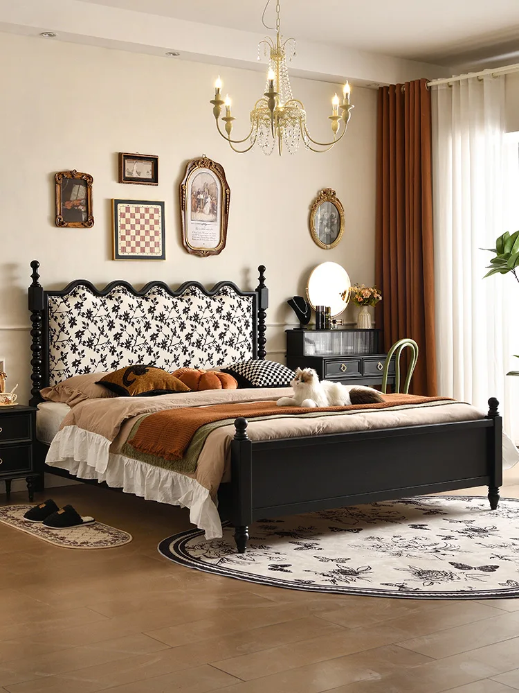 American Black Retro Bed Bedroom 1.8m Maillard Style Wedding Bed Modern French Printed Upholstered Bed