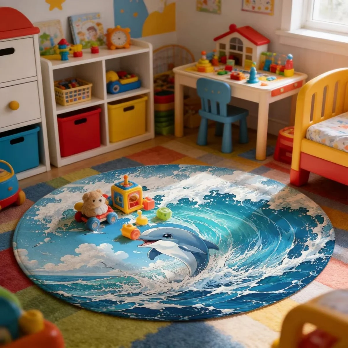 B16LYX Round Area Rug Ocean Wave Dolphin Print Home Decor Carpet, Circular Floor Mat for Living Room Sofa Coffee Table Decor