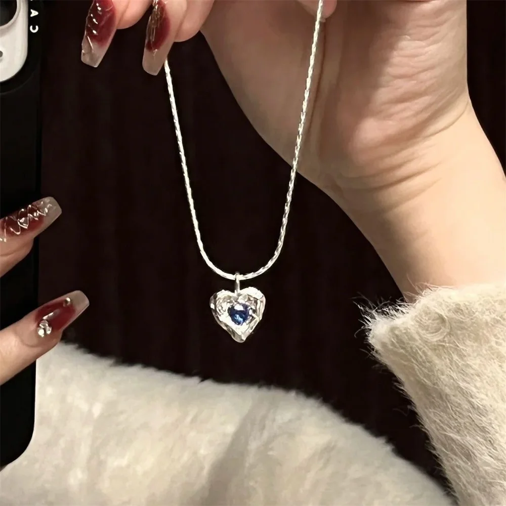 INS Irregular Love Necklace For Women Fashion Silver Color Blue Crystal Pendant Necklace Simple Women PArty Jewelry Gift