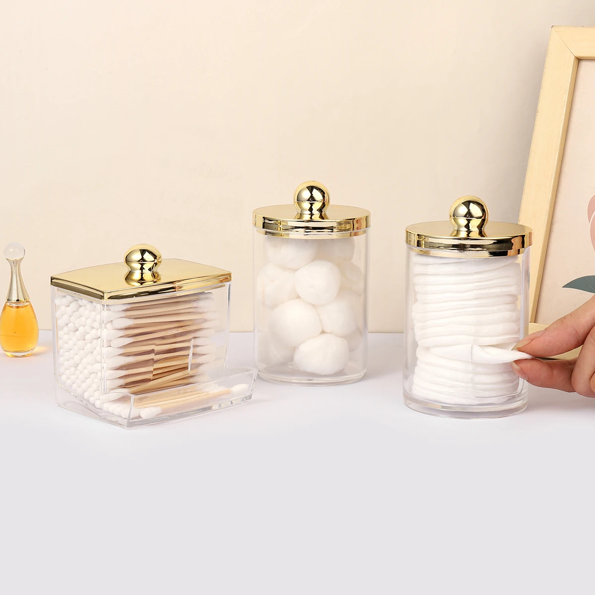 1/3 pcs Qtips Dispenser Bathroom Container with Golden Lid , 10 oz Cotton Ball Holder, Clear Plastic Apothecary Jar Organizer