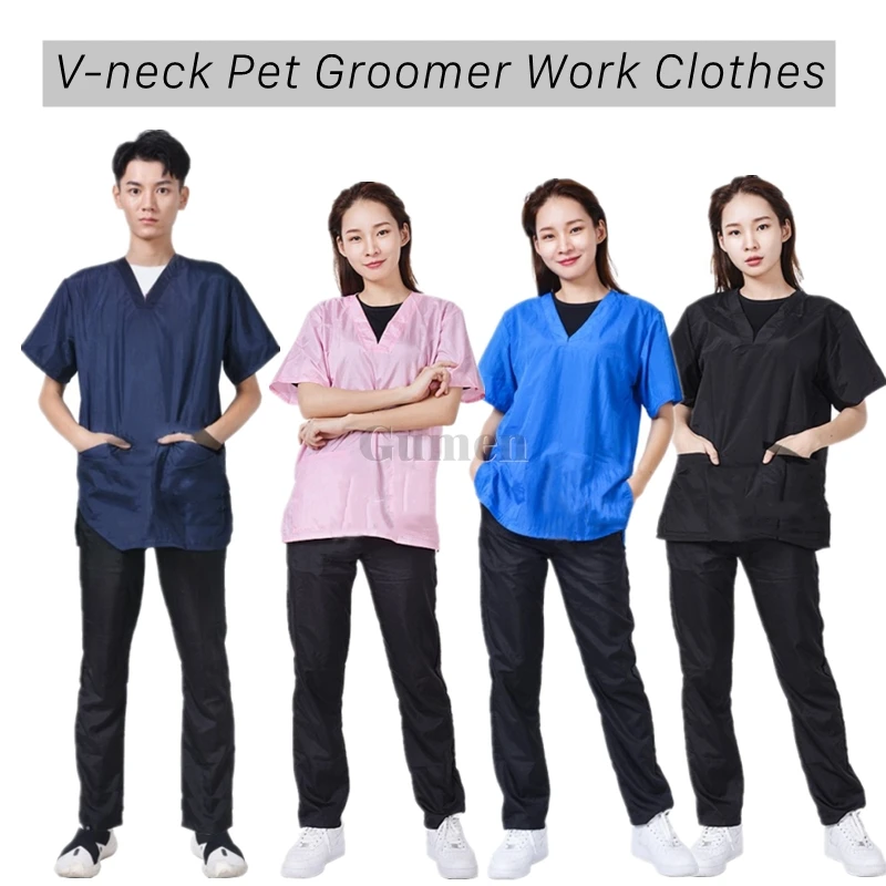 

V-neck Pet Groomer Uniform Anti Static Not Stick Hair Breathable Waterproof Cat Dog Hair School Hospital Dedicated Apron Custom