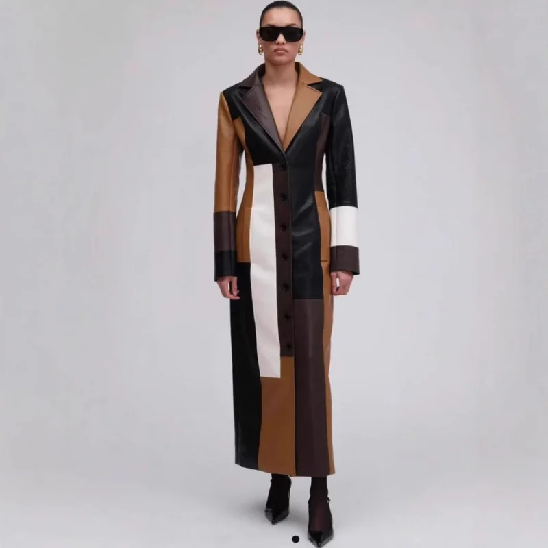 

2025 Hot New European and American New Patchwork Elegance Retro Fashion Autumn and Winter Women's Long Leather Dress