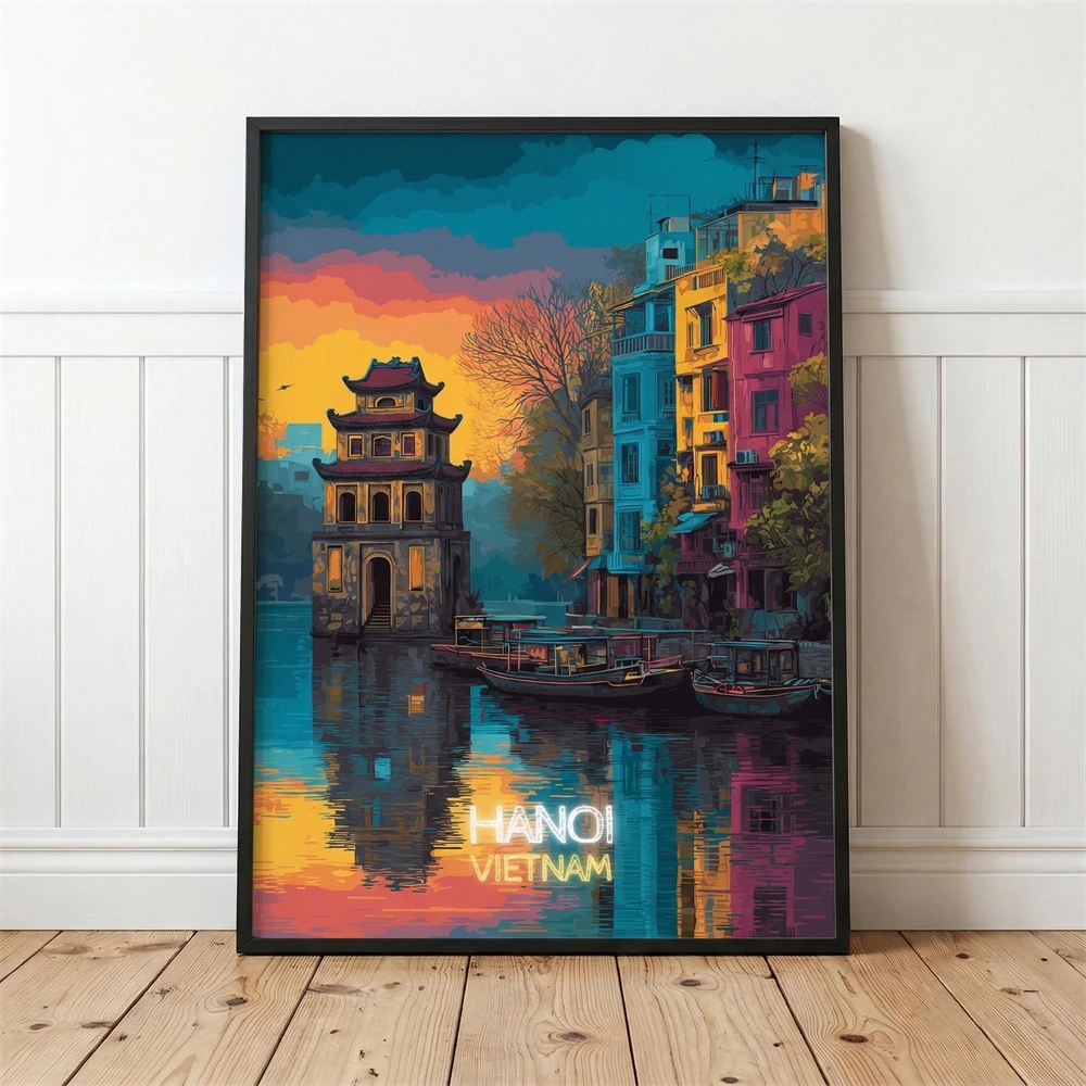 Póster de Viaje de Hanoi, Vietnam, Impresiones Artísticas de la Torre de la Tortuga, Impresión del Lago Hoan Kiem, Arte de Pared con Atardecer, Pintura en Lienzo, Arte de Guanajuato, México
