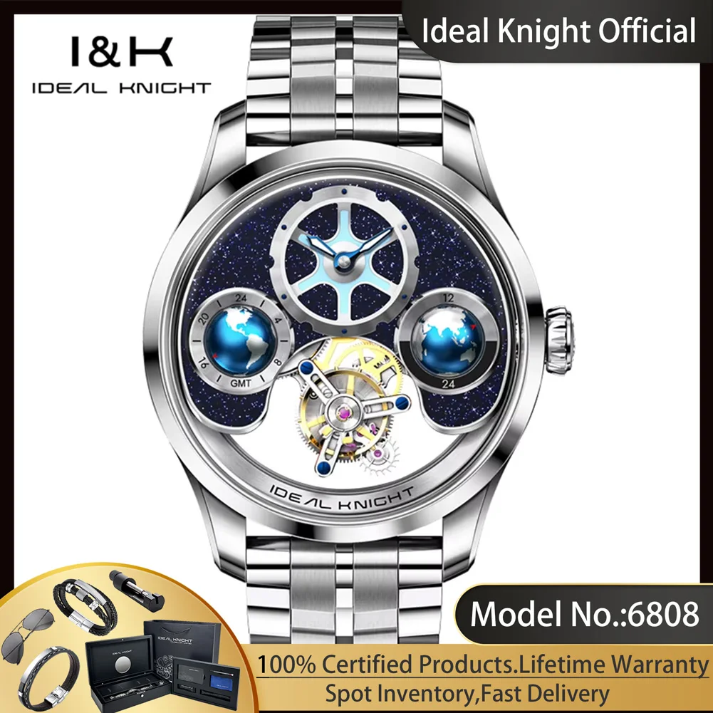 IDEAL KNIGHT 6808 Real Tourbillon Watches for Men Blue Earth Series High-end Luxury Hollowed Automatic Mechanical Man Wristwatch