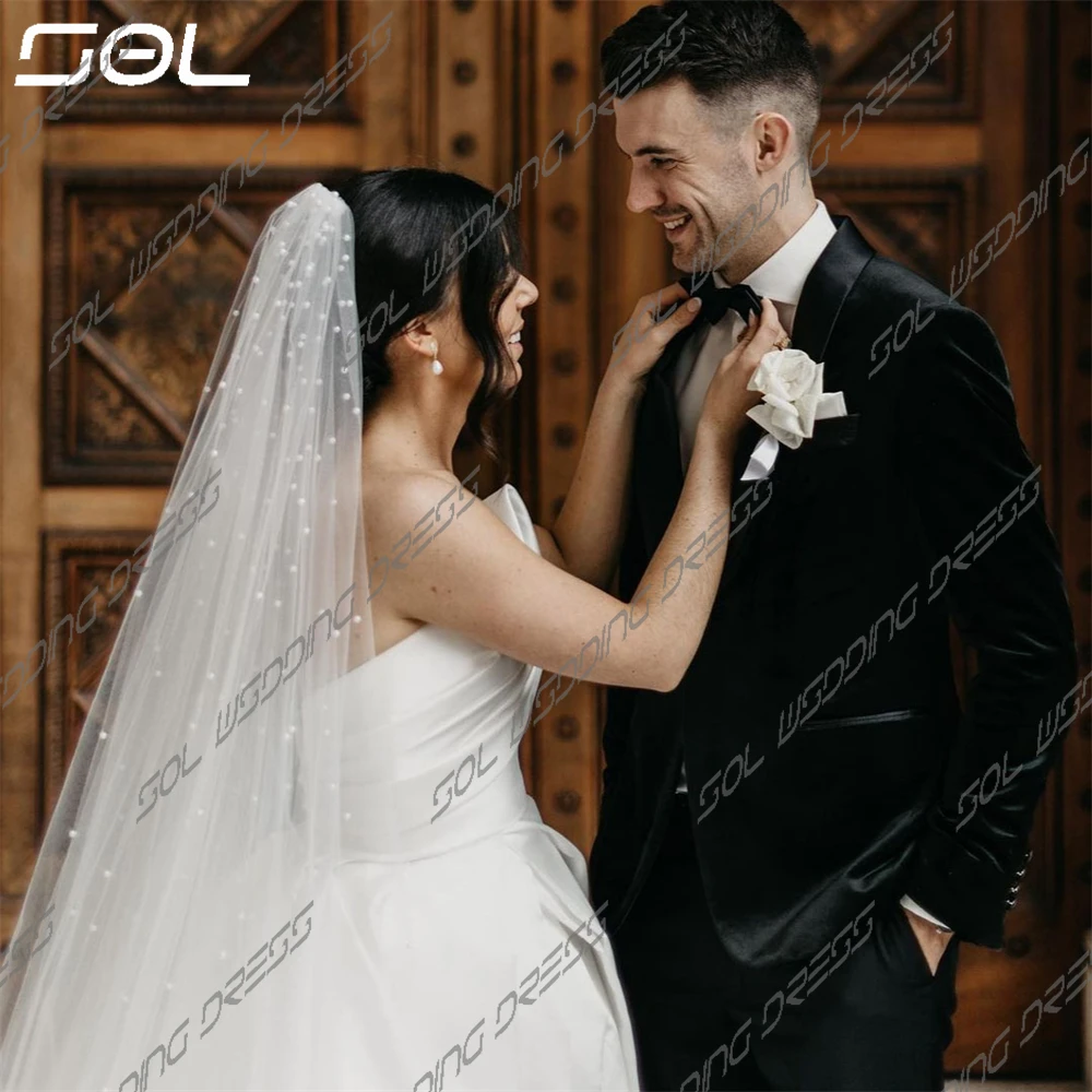 SOL-Robe de mariée en satin plissée sans bretelles, fente haute, élégante, dos nu, A-ligne, train de balayage, patients, tout ce qui est sexy, sur mesure