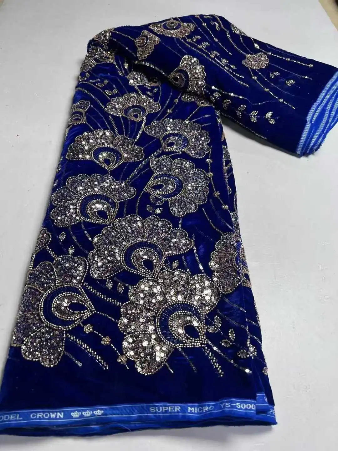 

2025 African Nigeria High-Quality Velvet Beaded Sequins French Tulle Lace Fabric Dress Nigerian 5 Yards For Wedding Party Women