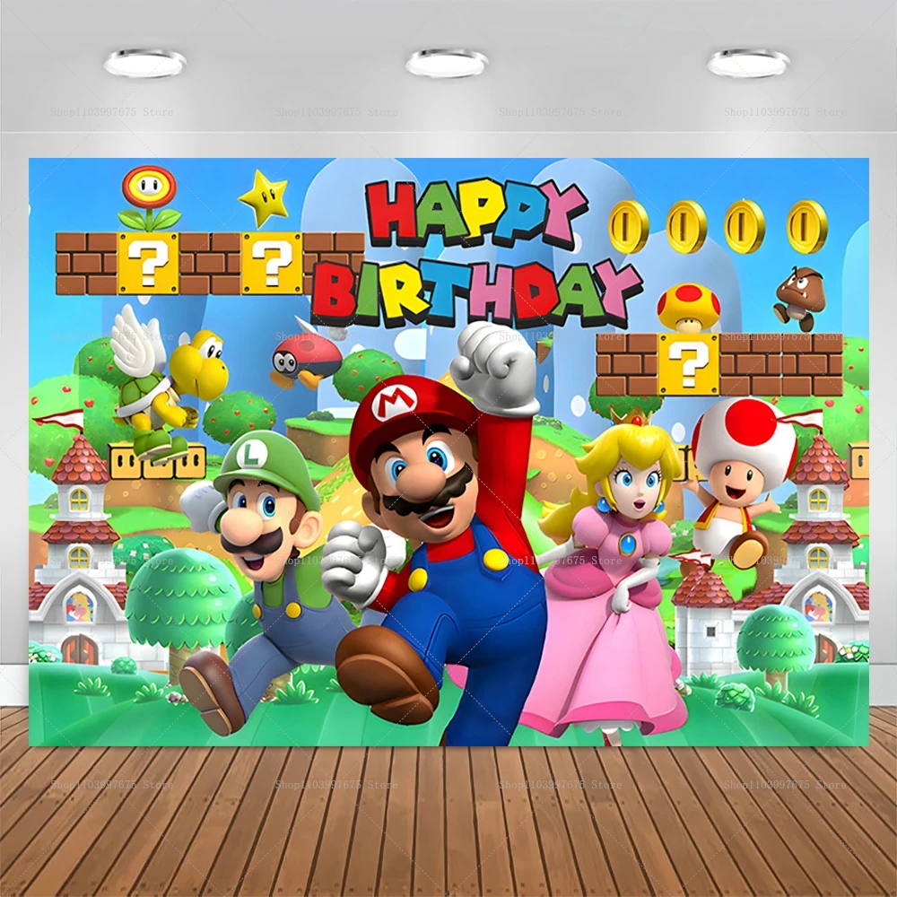 Super Marios Bros Party Hintergrund Dekorationen Jungen Herausforderung Spiel Geburtstag Banner Poster Baby Dusche Fotostudio Hintergrund Requisite