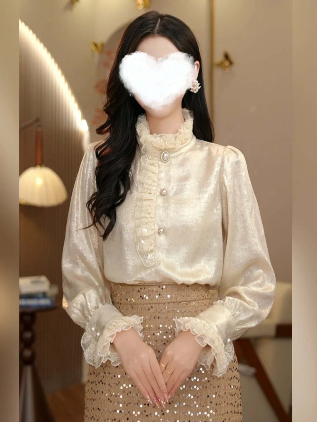 

Long Sve irt with Heavy Embroidery Fce Lined Ribbon Design in Fraant Sle for Women's Daily Wear