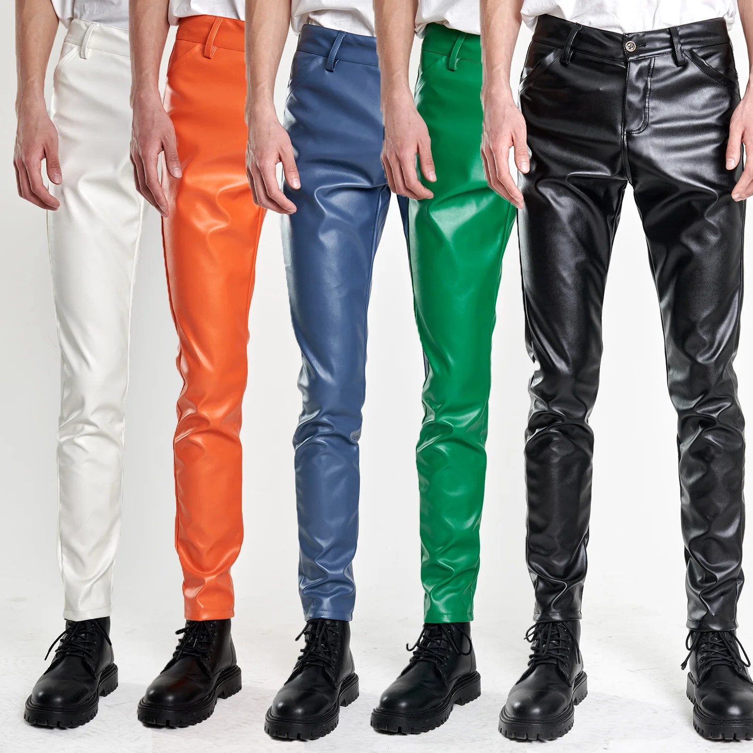 

Thin Leather Trousers Stretch Slim Skinny Leather Pants Breathable Club Party PU Trousers Green Orange Youth Faux Pants